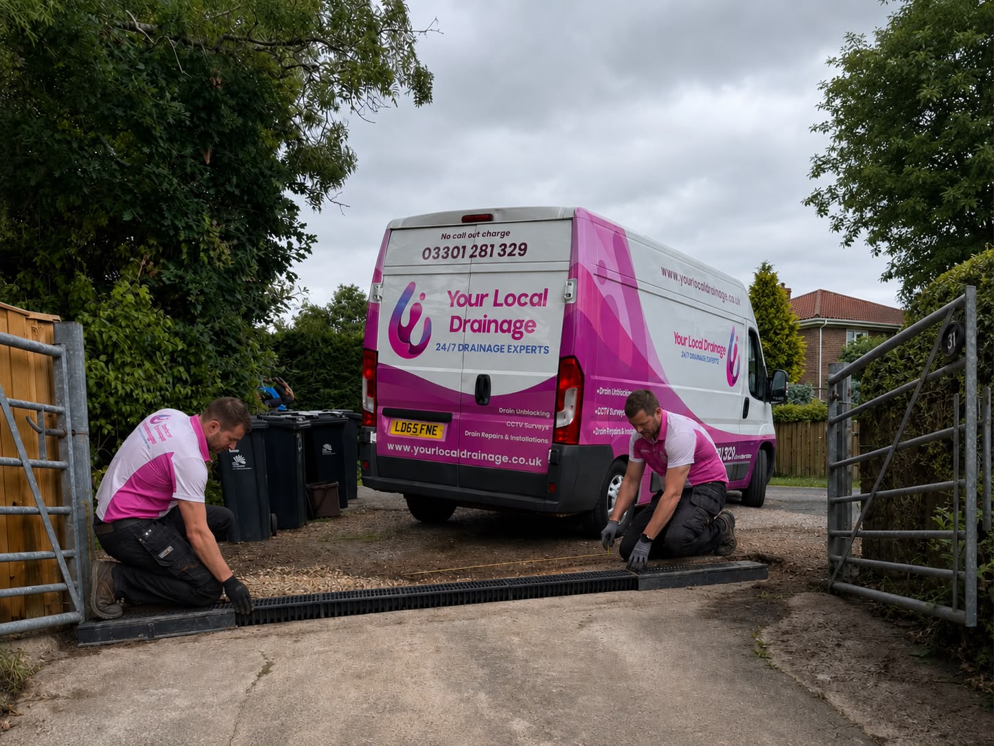 Drainage engineer jetting a blocked drain outside a house